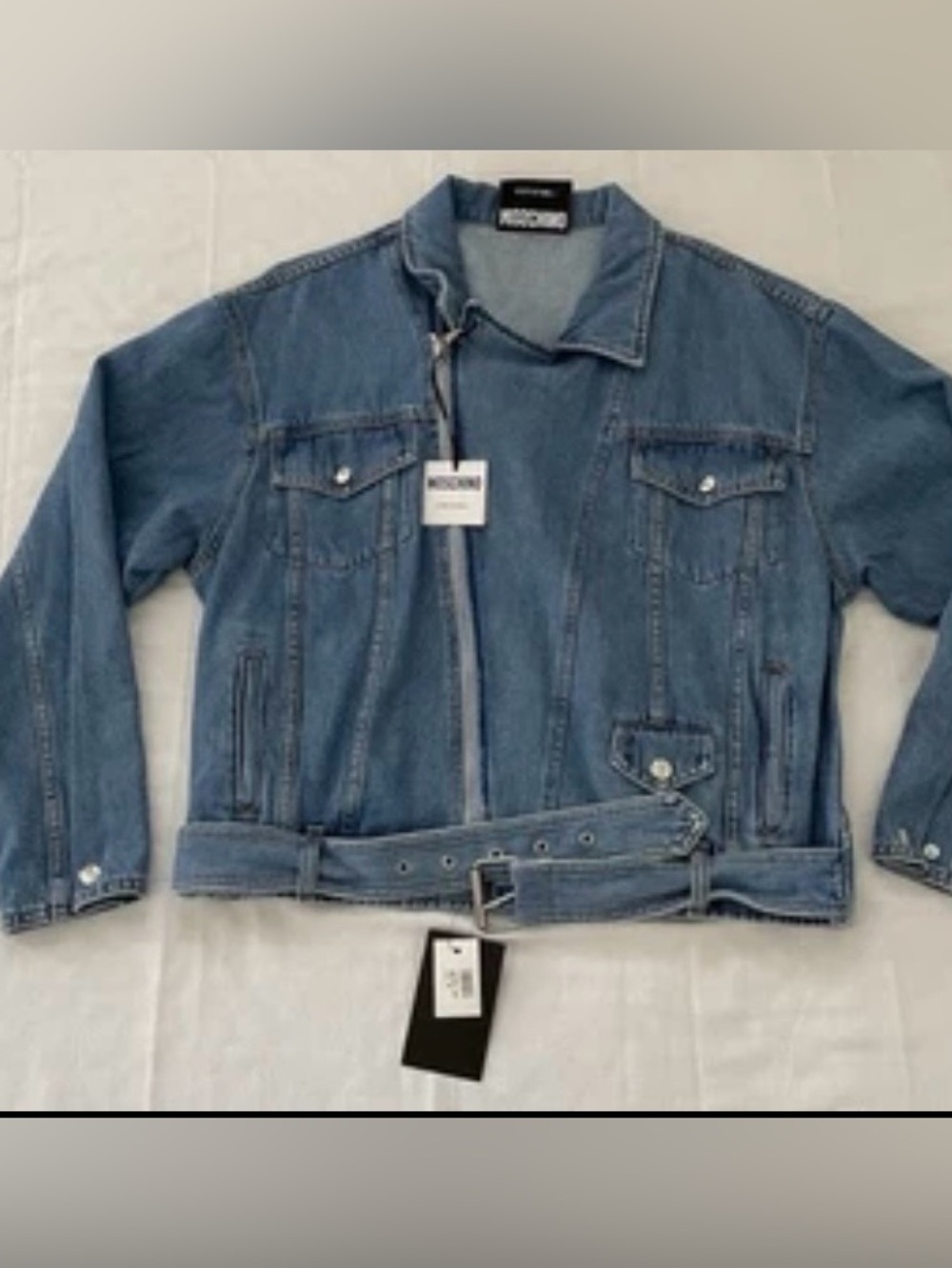 Moschino Couture Women Denim Bomber Jacket IT 44 US 10 Belted Zip Blue Italy NWT